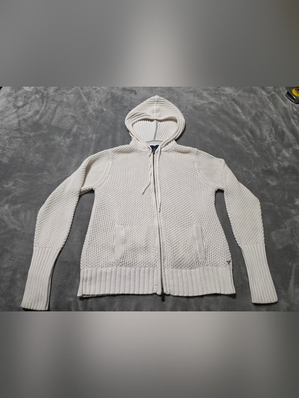 American Eagle Womens Zip Up Sweater Hoodie Cream Off White Waffle Knit S